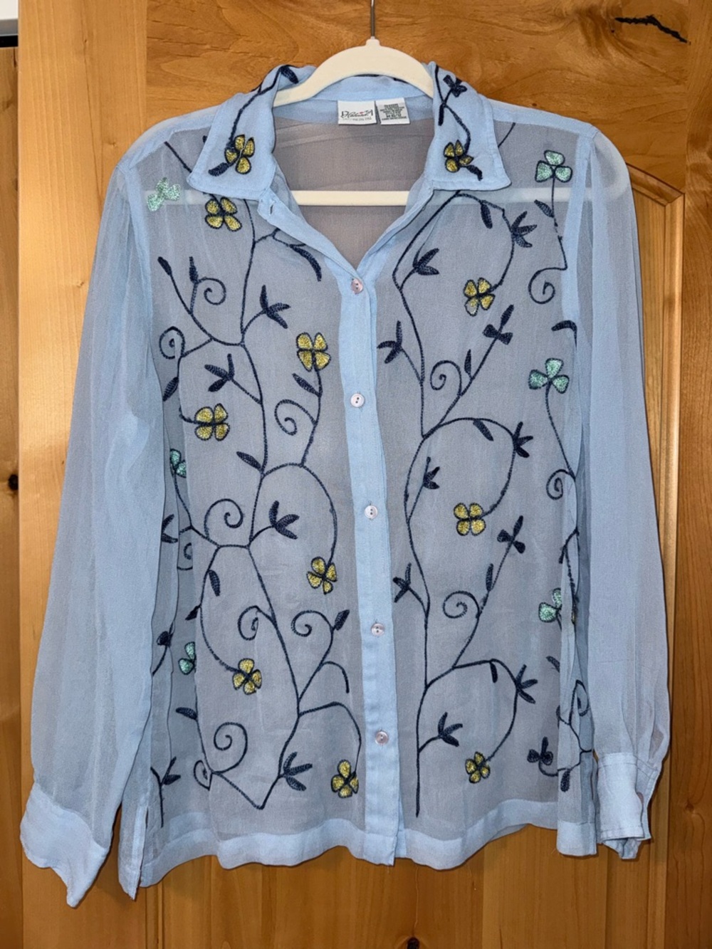 Vintage Light Blue Sheer Embroidered Button-Up Blouse